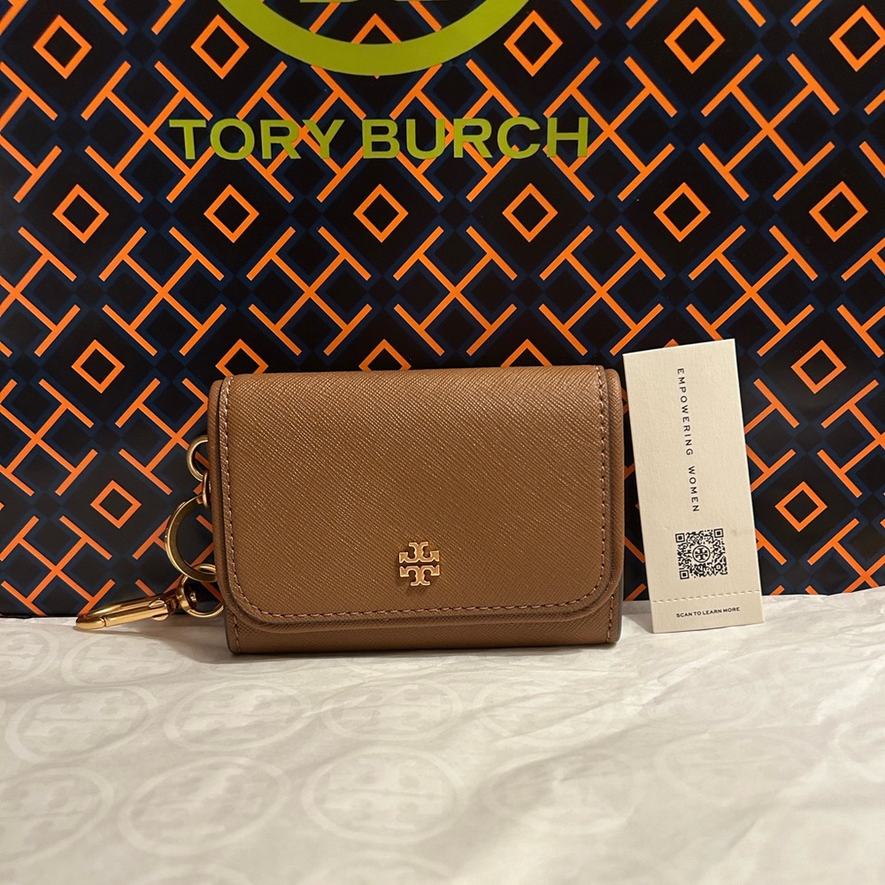 Tory Burch Emerson Flap Card Case Wallet Moose Gold Tan Brown